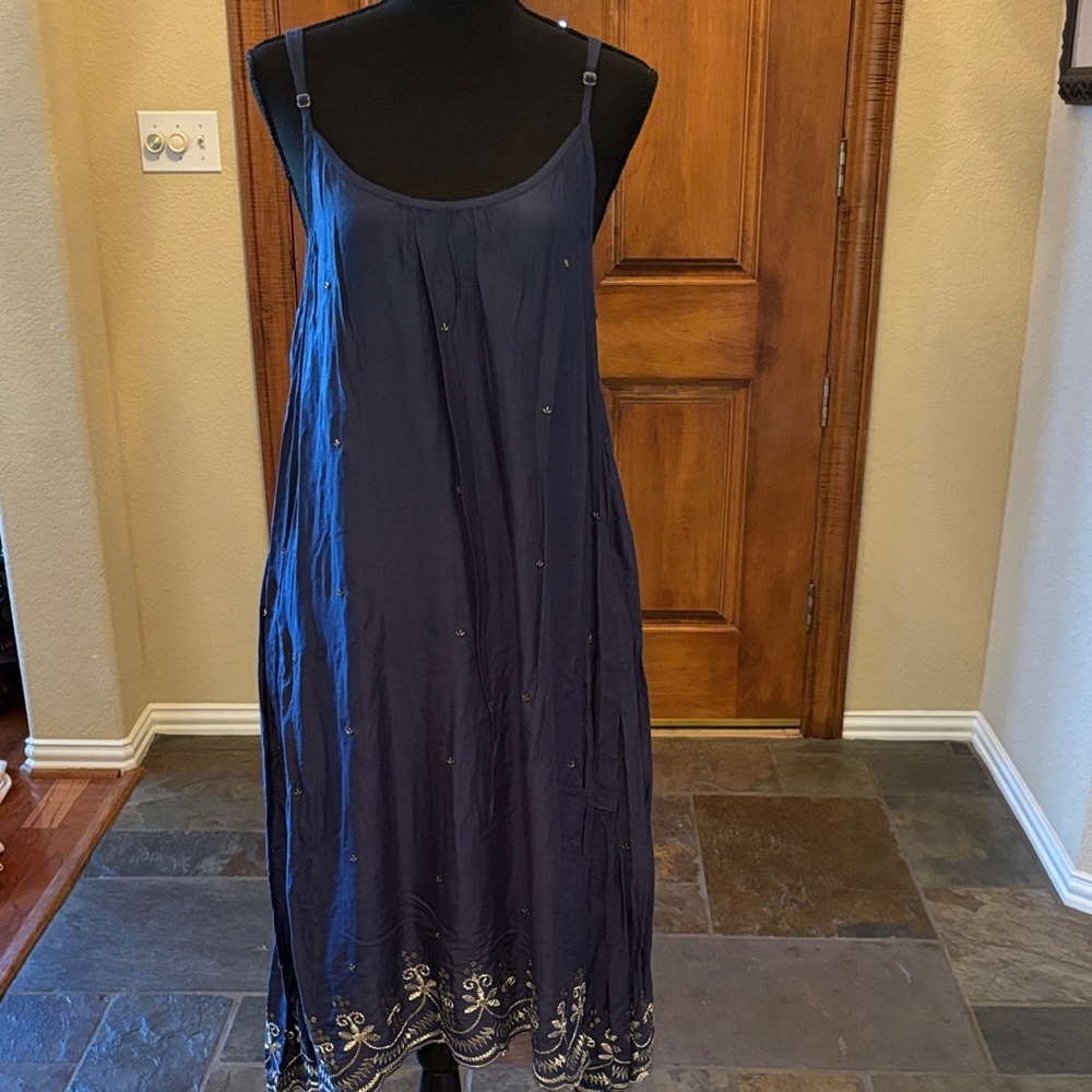 Elegant Navy Blue Embellished Spaghetti Strap Dress With Beading